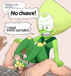  1boy 1girl blush cum fang footjob forehead_jewel gnome-no green_hair green_skin hetero penis peridot_(steven_universe) simple_background size_difference solo_focus speech_bubble steven_universe sweat visor wince 