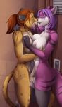  2016 anthro areola balls big_breasts black_fur black_nose breast_fondling breasts brown_fur brown_hair canine cheetah clothing dickgirl drooling duo eyes_closed feline fondling french_kissing fur hair hand_on_breast hi_res humanoid_penis inside intersex interspecies kissing legwear locker long_hair mammal mostly_nude nipples nude open_mouth penis ponytail purple_fur purple_hair saliva scar side_view spots stripes teeth tongue tongue_out twinkle-sez white_fur 
