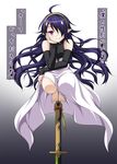  1boy ahoge androgynous ashuramaru asura_tepes asuramaru bare_shoulders black_demon_series demon dress elbow_gloves fanart fang gloves hair_ornament hair_ornaments hair_over_one_eye hand_on_cheek hand_on_knee headband highres horns katana kyuutou_(kyuutouryuu) long_hair looking_at_viewer owari_no_seraph pointy_ear pointy_ears purple_hair red_eyes smile solo squatting sword translation_request trap very_long_hair wavy_hair weapon 