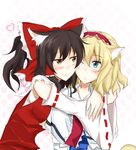  alice_margatroid animal_ears blush bow capelet cat_ears commentary_request detached_sleeves hair_bow hair_tubes hairband hakurei_reimu heart hug kemonomimi_mode lolita_hairband long_sleeves multiple_girls poshi_(ginmokusei) sarashi short_hair smile touhou upper_body wide_sleeves yuri 