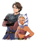  1girl age_difference ahsoka_tano alien anakin_skywalker armor bare_shoulders belt black_gloves buckle collarbone crossed_arms dark_skin detached_sleeves elbow_gloves energy_sword fingerless_gloves gloves jedi lightsaber looking_at_viewer matsuri6373 midriff navel one_eye_closed scar science_fiction simple_background star_wars star_wars:_the_clone_wars stomach sword togruta upper_body weapon white_background 