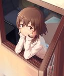  blush brown_eyes brown_hair chin_rest from_outside hands_on_own_cheeks hands_on_own_face highres idolmaster idolmaster_cinderella_girls kita_hinako long_sleeves short_hair sleeves_past_wrists smile solo window yoshika_(music480069) 