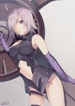  :p ahoge armor artist_name ass_visible_through_thighs bangs black_armor black_legwear black_leotard blurry breasts cowboy_shot depth_of_field eyelashes fate/grand_order fate_(series) gloves grey_background hair_over_one_eye holding_shield leotard looking_at_viewer mash_kyrielight medium_breasts navel purple_eyes purple_gloves shield short_hair signature silver_hair single_thighhigh sleeveless solo stomach swept_bangs thighhighs tongue tongue_out turtleneck twitter_username you06 