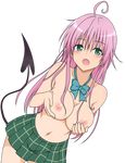  ahoge bow breast_hold breast_press breasts cleavage demon_tail female green_eyes highres lala_satalin_deviluke large_breasts long_hair nipples no_bra open_mouth pink_hair school_uniform skirt to_love-ru to_love-ru_darkness 