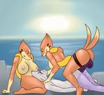  anthro big_breasts breasts dildo domination female female_domination floatzel fur hi_res mammal mienshao nintendo nude nukenugget oral penetration pok&eacute;mon sex sex_toy simple_background smile strapon video_games 