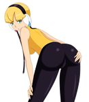  1girl ass bare_shoulders blonde_hair blue_eyes breasts from_behind gym_leader hand_on_ass headphones kamitsure_(pokemon) large_breasts leaning leaning_forward looking_at_viewer nintendo pantyhose parted_lips pokemon pokemon_b&amp;w pokemon_bw short_hair sideboob solo transparent_background 