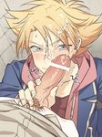  2boys bathroom blonde_hair blue_eyes brown_hair cardfight!!_vanguard cum cum_on_body erection facial handjob kai_toshiki kusopiza_yaro looking_at_viewer male_focus miwa_taishi multiple_boys naughty_face penis smile yaoi 