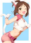  animal_ears armpit_peek belt blush breasts brown_hair cat_ears cat_tail crop_top fang gloves green_eyes idolmaster idolmaster_cinderella_girls looking_at_viewer maekawa_miku medium_breasts midriff navel one_eye_closed open_mouth pettan_p ponytail short_hair shorts smile solo sweat tail white_gloves 