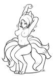  2016 anthro anthrofied arms_above_head breasts canine clothed clothing digitigrade eyes_closed fan_character female fox hair hands_behind_head lace mammal monochrome multi_tail ninetales nintendo nipples panties partially_clothed pok&eacute;mon pok&eacute;morph ponytail rose_(character) siden simple_background sitting solo stretching topless underwear video_games 
