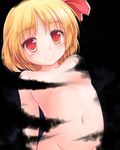  bangs belly black_background blonde_hair blush breasts eyebrows eyebrows_visible_through_hair groin hair_ribbon highres looking_at_viewer lzh navel nude red_eyes red_ribbon ribbon rumia short_hair simple_background small_breasts smile solo touhou upper_body 