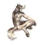  2016 anthro black_eyes black_fur blue_sclera canine claws dog fur grey_fur husky kenket looking_back male mammal nude painting_(artwork) pawpads paws rear_view simple_background sitting smile solo traditional_media_(artwork) white_background white_body white_fur 