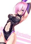  armpits arms_up bad_id bad_pixiv_id blush breasts character_name cleavage covered_nipples dutch_angle elbow_pads fate/grand_order fate_(series) hair_over_one_eye leotard looking_at_viewer mash_kyrielight medium_breasts navel navel_cutout one_eye_closed outstretched_arm purple_eyes purple_hair revision shijiu_(adamhutt) short_hair solo sweat thigh_strap white_background 
