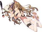  animal_ears ass bare_shoulders book bottle bow brown_hair chestnut_mouth garters green_eyes harunoibuki ink_bottle legs_up long_hair looking_at_viewer lying on_stomach open_book original paw_print quill shoes solo white_legwear 