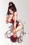  breasts brown_eyes brown_hair cleavage closed_fan fan fatal_fury folding_fan hair_between_eyes hand_on_own_knee highres japanese_clothes large_breasts lips lipstick lolik looking_at_viewer makeup pelvic_curtain ponytail revealing_clothes shiranui_mai sideboob solo the_king_of_fighters 