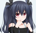  :3 :t bare_shoulders black_hair black_ribbon blush choujigen_game_neptune_mk2 closed_mouth collarbone eyebrows eyebrows_visible_through_hair frown hair_between_eyes hair_over_shoulder hair_ribbon hand_to_own_mouth hands_up keenh long_hair long_sleeves looking_at_viewer neptune_(series) off-shoulder_sweater pout red_eyes revision ribbon sidelocks simple_background smiley_face solo sweater tareme tearing_up two_side_up uni_(choujigen_game_neptune) white_background 