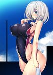  bad_anatomy blue_eyes breasts competition_swimsuit covered_navel covered_nipples eyes_visible_through_hair hair_over_one_eye hamakaze_(kantai_collection) highleg highleg_swimsuit highres kantai_collection large_breasts one-piece_swimsuit silver_hair solo swimsuit torisan 