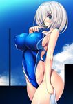  bad_anatomy blue_eyes breasts competition_swimsuit covered_navel covered_nipples eyes_visible_through_hair hair_over_one_eye hamakaze_(kantai_collection) highleg highleg_swimsuit highres kantai_collection large_breasts one-piece_swimsuit silver_hair solo swimsuit torisan 