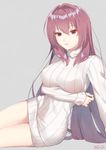  arm_support artist_name bangs breast_hold breasts covered_nipples cowboy_shot eyebrows eyebrows_visible_through_hair fate/grand_order fate_(series) grey_background hair_between_eyes hair_intakes large_breasts lavender_hair leaning_to_the_side long_hair long_sleeves looking_at_viewer naked_sweater parted_lips pink_lips red_eyes ribbed_sweater scathach_(fate)_(all) scathach_(fate/grand_order) signature simple_background sitting solo sweater turtleneck twitter_username very_long_hair white_sweater you06 