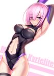  armpits arms_up bad_id bad_pixiv_id blush breasts character_name cleavage covered_nipples dutch_angle elbow_pads fate/grand_order fate_(series) hair_over_one_eye leotard looking_at_viewer mash_kyrielight medium_breasts navel navel_cutout one_eye_closed outstretched_arm purple_eyes purple_hair shijiu_(adamhutt) short_hair solo sweat thigh_strap white_background 