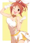  :d abe_nana animal_ears bare_shoulders blush breasts brown_eyes brown_hair bunny_ears dress gloves idolmaster idolmaster_cinderella_girls long_hair looking_at_viewer medium_breasts one_eye_closed open_mouth pettan_p ponytail skirt smile solo v white_gloves 