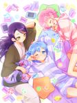  2girls :d blue_eyes blue_hair brother_and_sister dorothy_west hanten_(clothes) highres japanese_clothes leona_west loungewear matching_outfit mole multiple_girls ndo2 official_style open_mouth pink_hair pretty_(series) pripara short_hair shorts siblings smile striped striped_hoodie striped_shorts toudou_shion twins 