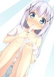  blue_eyes blush bow bow_panties cameltoe collarbone eating food gochuumon_wa_usagi_desu_ka? hair_ornament hand_on_own_knee holding holding_food kafuu_chino karutamo long_hair looking_at_viewer off_shoulder open_mouth panties popsicle shirt shirt_slip short_sleeves silver_hair simple_background sitting solo t-shirt underwear x_hair_ornament 