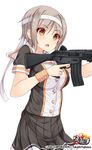  assault_rifle brown_eyes brown_hair buttons gun headband hiiragi_hajime holding holding_gun holding_weapon howa_type_89 logo military open_mouth original rick_g_earth rifle school_uniform shirt short_hair short_sleeves simple_background skirt solo tareme trigger_discipline uniform weapon white_background 