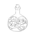 =_= bottle chibi cork crying diaper greyscale ikazuchi_(kantai_collection) in_bottle in_container inazuma_(kantai_collection) kantai_collection kotanu_(kotanukiya) monochrome multiple_girls round-bottom_flask wavy_mouth younger 
