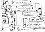  anthro bed black_and_white bottomless canine clothed clothing comic dialogue disney duo eric_schwartz female food fox fridge hand_behind_head judy_hopps lagomorph line_art looking_back male mammal monochrome morning_after nick_wilde nude on_bed oversized_shirt rabbit rubbing_head side_view sitting speech_bubble standing under_covers zootopia 