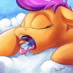  2016 cloud duo equine eyelashes eyes_closed feathered_wings feathers female feral friendship_is_magic hair hi_res hooves horse lying macro mammal micro multicolored_hair my_little_pony on_back on_cloud open_mouth outside pegasus pony ponythroat purple_hair rainbow_dash_(mlp) rainbow_hair saliva scootaloo_(mlp) tongue tongue_out vore wings 