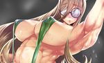 abs blush breasts cleavage coke-bottle_glasses covered_nipples duplicate girls_und_panzer glasses huge_breasts long_hair muscle muscular_female nekonyaa solo sweat swimsuit yu02j0 