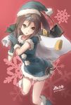  alternate_costume blue_santa_costume brown_eyes brown_hair gloves hairband hat kantai_collection morigami_(morigami_no_yashiro) open_mouth sack santa_costume santa_hat solo zuihou_(kantai_collection) 