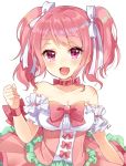  1girl :d bang_dream! bare_shoulders blush bow bowtie breasts choker cleavage clenched_hand collarbone detached_sleeves dress frilled_sleeves frills hair_ribbon hand_up looking_at_viewer maruyama_aya medium_breasts nameneko_(124) open_mouth pink_bow pink_eyes pink_hair pink_neckwear pink_ribbon ribbon ribbon_choker short_sleeves sidelocks simple_background smile solo white_background white_ribbon wrist_bow 