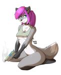  anthro blue_eyes bottomless breasts canine clothed clothing collar crop_top derpah female gun hair kneeling mammal nipple_bulge purple_hair ranged_weapon shirt simple_background sitting solo tongue tongue_out under_boob weapon white_background 