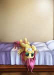  2016 absurd_res bed bedroom cutie_mark english_text equine feathered_wings feathers female feral fluttershy_(mlp) friendship_is_magic hair hi_res hooves inside long_hair lying mammal my_little_pony on_back on_bed pegasus pillow pink_hair pridark solo text wings young 