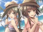  annoyed bag bangs bare_arms beach blue_sky brown_eyes brown_hair casual cloud cloudy_sky commentary_request day eyebrows_visible_through_hair from_side green_eyes green_hair hair_between_eyes hat jewelry kantai_collection light_rays long_hair looking_at_viewer looking_to_the_side morigami_(morigami_no_yashiro) multiple_girls necklace ocean open_mouth outdoors sendai_(kantai_collection) shoulder_bag shoulder_cutout sky sleeveless smile straw_hat tank_top twintails two_side_up upper_body water zuikaku_(kantai_collection) 
