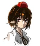  bad_id bad_twitter_id bow brown_hair hat looking_at_viewer nuqura pointy_ears red_eyes shameimaru_aya shirt short_hair smile solo tokin_hat touhou white_background white_shirt 
