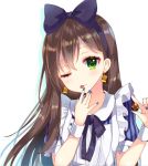  1girl ;p alice_(wonderland) alice_(wonderland)_(cosplay) alice_in_wonderland apron bang_dream! black_neckwear blue_bow blue_nails bow brown_hair cookie cosplay drop_shadow earrings finger_licking food green_eyes hair_bow hanazono_tae hand_to_own_mouth holding holding_cookie holding_food jewelry licking long_hair looking_at_viewer nail_polish nameneko_(124) neck_ribbon one_eye_closed ribbon solo striped_sleeves tongue tongue_out upper_body white_apron wrist_cuffs 