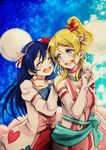  :d ayase_eli blonde_hair blue_eyes blue_hair bow closed_eyes dress hands_on_another's_shoulders highres long_hair looking_at_another love_live! love_live!_school_idol_project multiple_girls navel navel_cutout open_mouth pointing scrunchie side_ponytail smile sonoda_umi suito yuri 