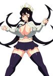  1girl areola_slip areolae artist_request black_legwear blush breasts clenched_teeth erect_nipples huge_breasts large_areolae long_hair navel simple_background skirt skullgirls solo thighhighs 