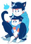  :3 ajinomisni animal_ears bad_id bad_twitter_id black_hair blue_eyes cat_ears cat_tail chibi denim dual_persona extra_ears hood hoodie jeans kemonomimi_mode male_focus matsuno_karamatsu multiple_boys osomatsu-kun osomatsu-san pants simple_background sitting tail white_background 