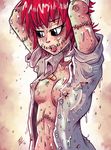  black_and_white blush bondage breasts cleavage erect_nipples hanako hands_up horror line_art monster_girl navel nipples open_shirt original pink_skin purple_eyes red_hair short_hair stitches swamimen swamitsunami sweat torn_shirt wet zombie_girl 