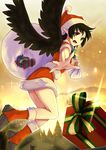  bell bell_collar black_hair black_wings boots box collar gift gift_box hat highres nuqura outstretched_hand pointy_ears red_eyes sack santa_boots santa_costume santa_hat shameimaru_aya short_hair solo touhou wings 