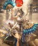  ankh artist_request bracelet breasts brown_hair cygames dark_skin egyptian egyptian_clothes feather_fan gold grin hieroglyphics jewelry large_breasts looking_at_viewer marian_the_mummy official_art sarcophagus shadowverse smile 