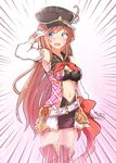  alternate_costume arito_arayuru black_skirt blue_eyes blush detached_sleeves gloves granblue_fantasy hat hat_feather highres lecia_(granblue_fantasy) long_hair looking_to_the_side miniskirt navel open_mouth orange_hair skirt solo thighhighs wavy_mouth white_gloves 