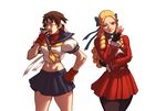  2girls antenna_hair blonde_hair brown_hair fingerless_gloves gloves hair_slicked_back headband kanzuki_karin kasugano_sakura liyart long_hair multiple_girls pantyhose ringlets school_uniform serafuku short_hair street_fighter street_fighter_v street_fighter_zero street_fighter_zero_3 yawning 