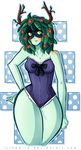  adventure_time antlers big_thighs blush bow breasts butt clothing eye_mask female flower flower_hair green_eyes green_sclera green_skin hand_on_hip horn huntress_wizard laced_swimsuit leaf leaf_hair looking_offscreen looking_to_side lythweird plant solo swimsuit 