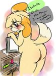  anal_beads animal_crossing black_eyes blonde_hair blush butt dildo english_text female fur hair isabelle_(animal_crossing) looking_at_viewer looking_back nintendo nude open_mouth pussy raised_tail rear_view sex_toy simple_background slightly_chubby television text unknown_artist video_games yellow_fur 
