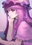  ainy77 artist_name bad_id bad_pixiv_id bow capelet crescent gradient gradient_background hat hat_bow long_hair looking_at_viewer mob_cap patchouli_knowledge profile purple purple_eyes purple_hair smile solo touhou upper_body 