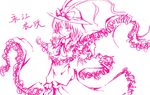  arm_up bow capelet character_name frilled_shawl frills hat hat_bow highres long_hair long_skirt looking_at_viewer monochrome nagae_iku raptor7 shawl simple_background sketch skirt solo touhou translated white_background 